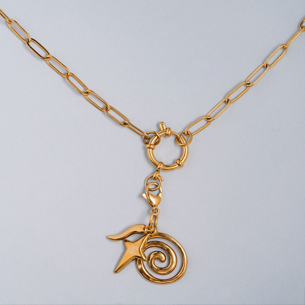 Small paperclip chain with a spring clasp and 3 removable charms