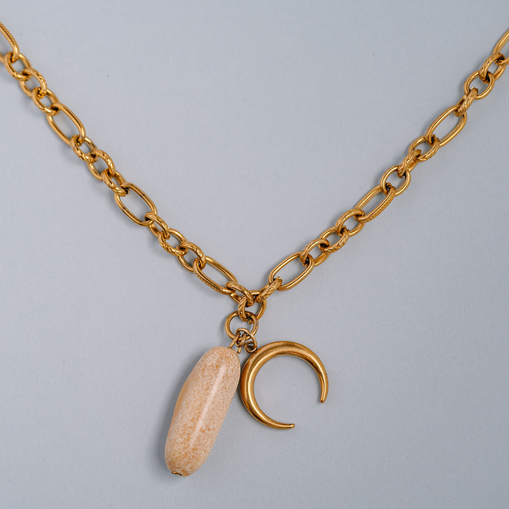 Multi size link chain with stone charm and half moon charms