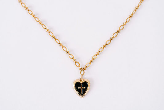Fine detailed chain with black enamel heart charm