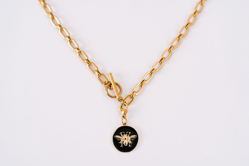 Medium chunky chain and toggle with round black enamel bee charm