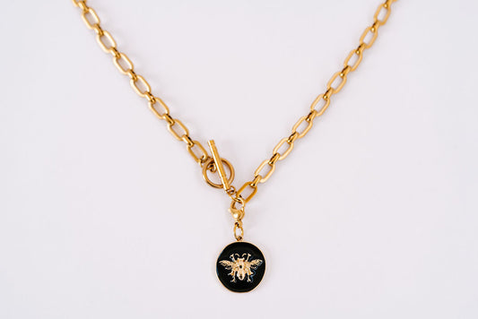 Medium chunky chain and toggle with round black enamel bee charm