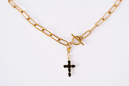 Thick paperclip chain and toggle with removeable black jeweled cross