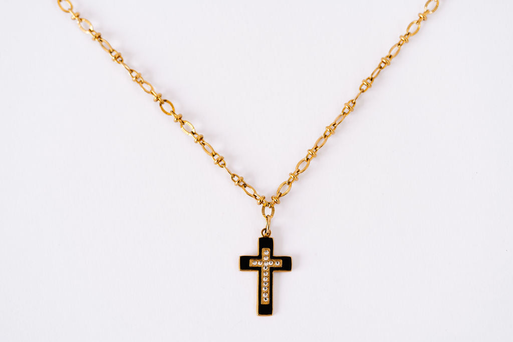 Fine detailed chain with black enamel cross