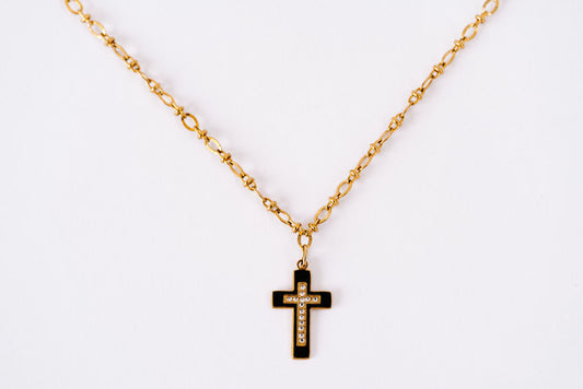 Fine detailed chain with black enamel cross