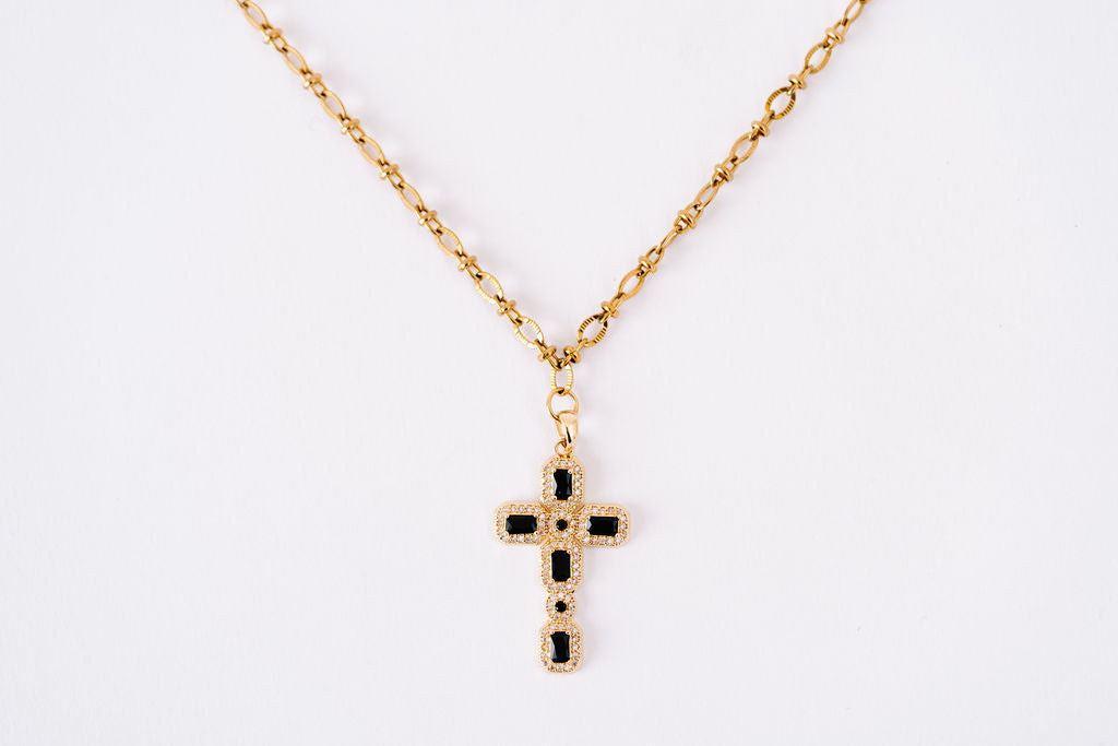 Fine detailed chain with black ornate cross
