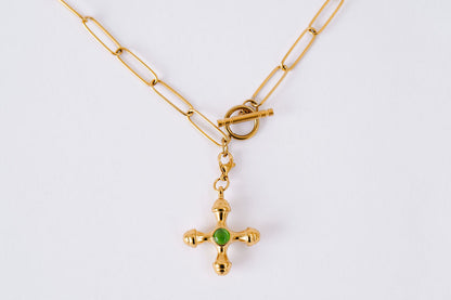 Medium paperclip chain, orthodox cross with green stone