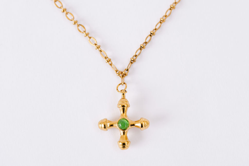 Fine detailed chain, orthodox cross with green stone