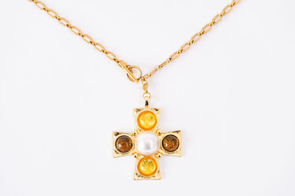 Medium chunky chain with toggle, extra large cross featuring yellow white and brown stones