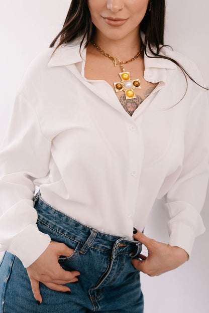 Medium chunky chain with toggle, extra large cross featuring yellow white and brown stones