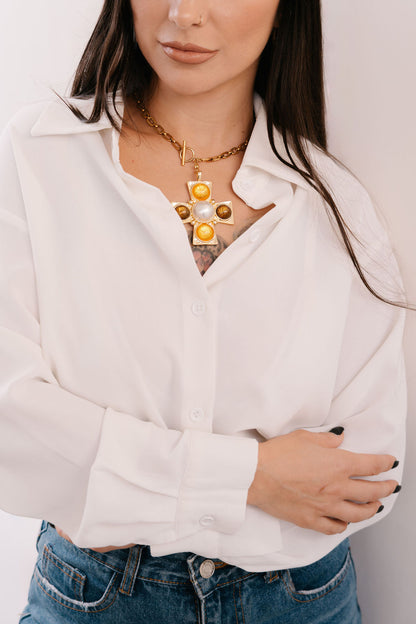Medium chunky chain with toggle, extra large cross featuring yellow white and brown stones