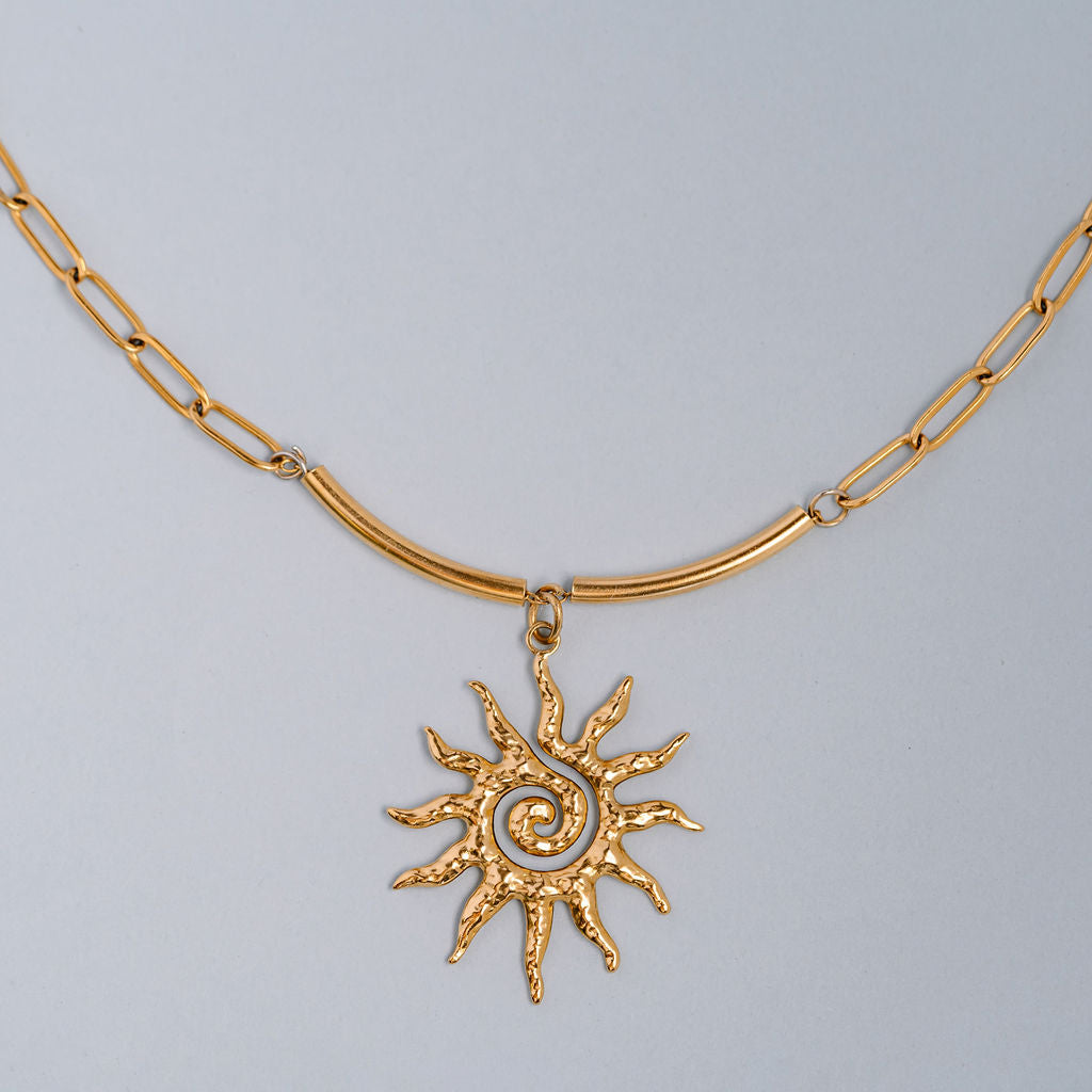 Fine paper clip choker with swirl sun