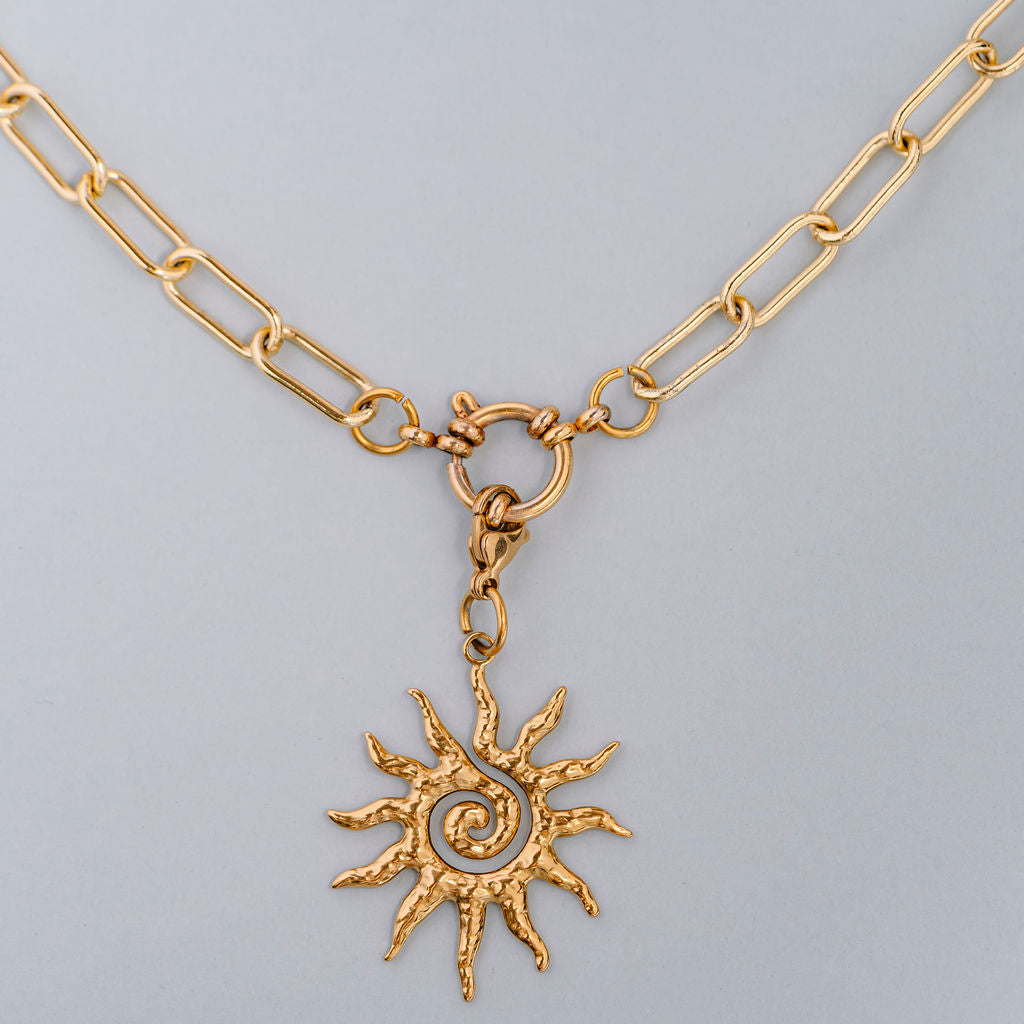 Large paperclip chain with spring clasp and removable swirl sun