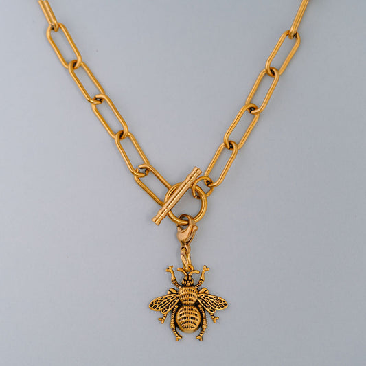 Large paper clip choker with OT shaped clasp and removable bee charm