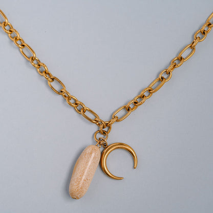 Multi size link chain with stone charm and half moon charms