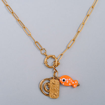 Small paperclip chain with spring clasp and three charms orange fish