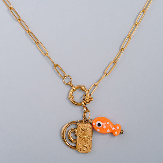 Small paperclip chain with spring clasp and three charms orange fish