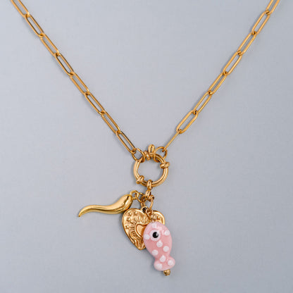 Small paperclip chain with spring clasp and three charms pink fish