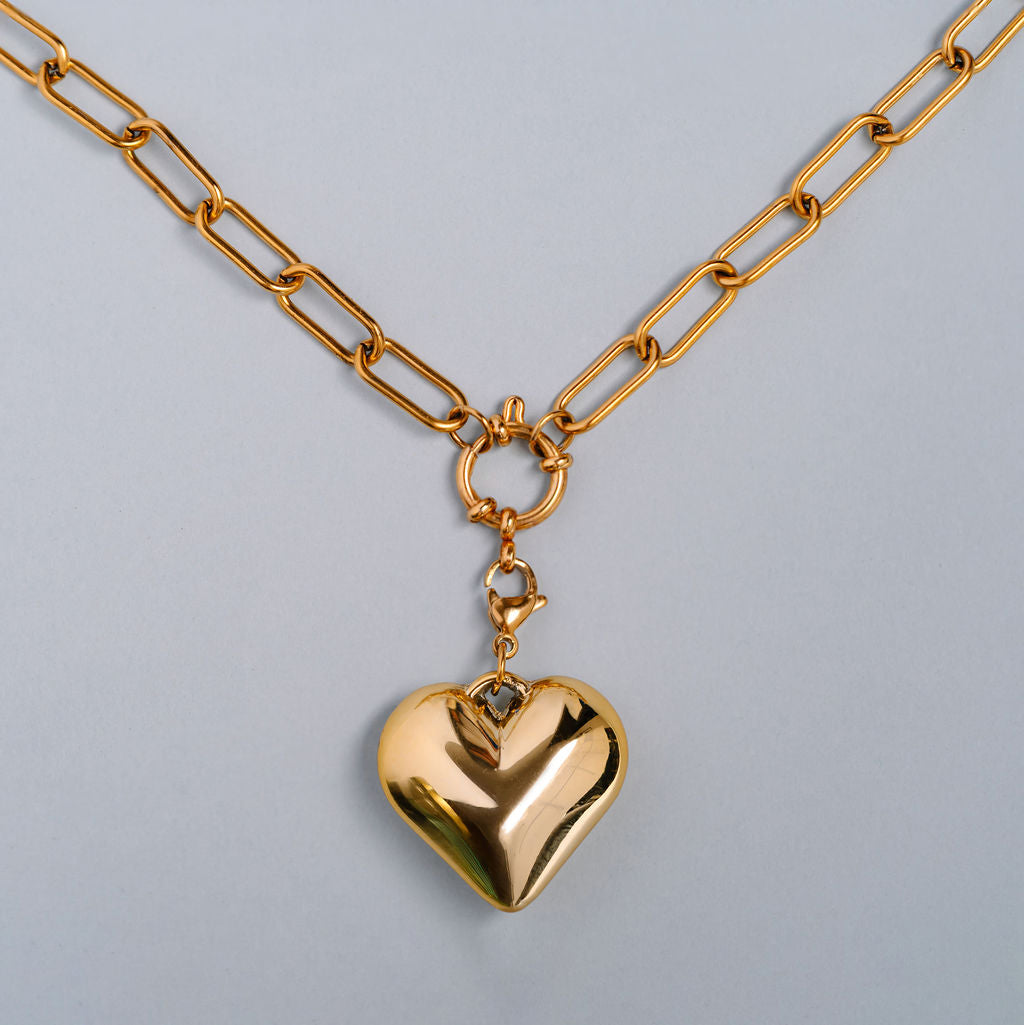 Thick paperclip chain with spring clasp and large removable heart